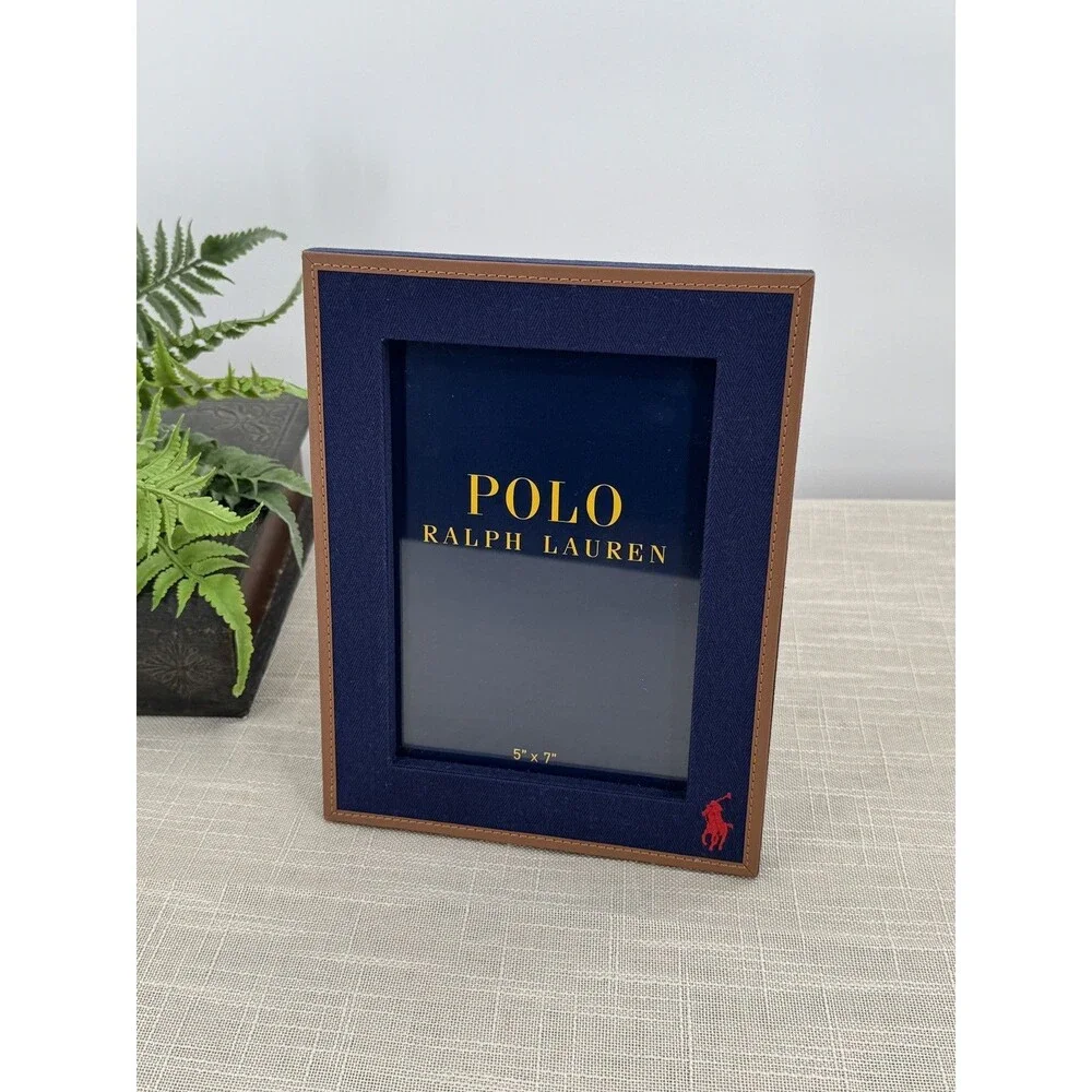 Ralph Lauren Polo 5” x 7” Picture Frame Blue Herringbone Cotton & Leather